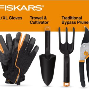 Fiskars House Plant Starter Tool Gift Set with Bypass Pruner, Trowel, Cultivator, and L/XL Garden Gloves, Accessories for Indoor Gardening (4 Piece Kit)