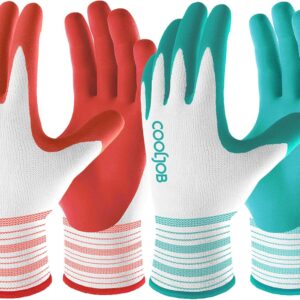 COOLJOB 2 Pairs Gardening Gloves for Women Ladies, Breathable Rubber Coated for Yard Garden, Outdoor Indoor Protective Work with Grip, Medium Size, Red & Green